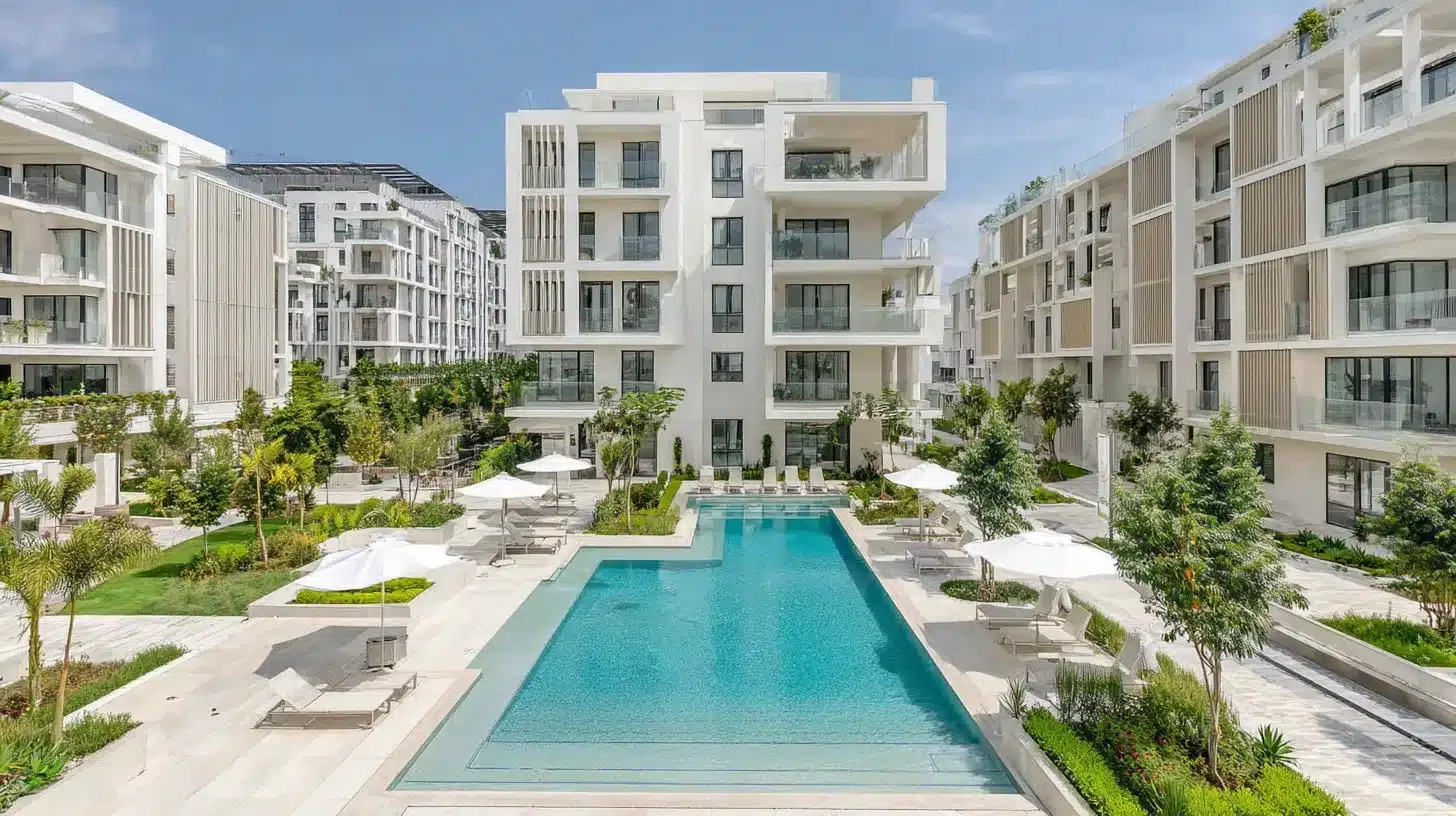 Acheter immobilier Maroc étranger : résidence moderne avec grande piscine, bâtiments blancs et jardins paysagers ensoleillés.