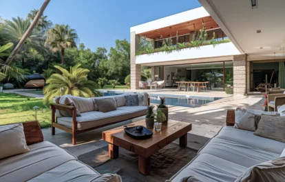 Superbe Villa Contemporaine Casablanca Californie – Terrasse salon au bord de la piscine avec canapés et palmiers