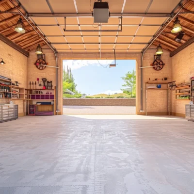 Vue Ciel Marrakech La Palmeraie – Grand garage intérieur avec étagères et armoires à outils
