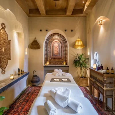 Vue Ciel Marrakech La Palmeraie – Salle de massage avec table de soin et décor marocain