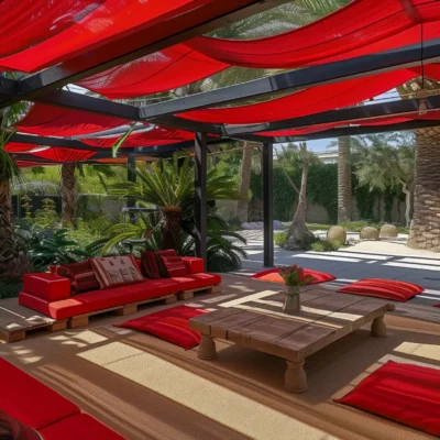 Vue Ciel Marrakech La Palmeraie – Salon extérieur avec auvent rouge, coussins et table basse