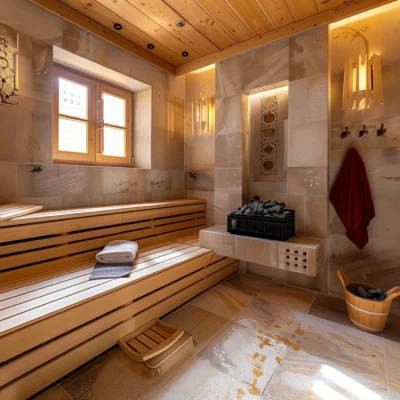 Vue Ciel Marrakech La Palmeraie – Sauna en bois avec poêle, seau et carrelage en pierre