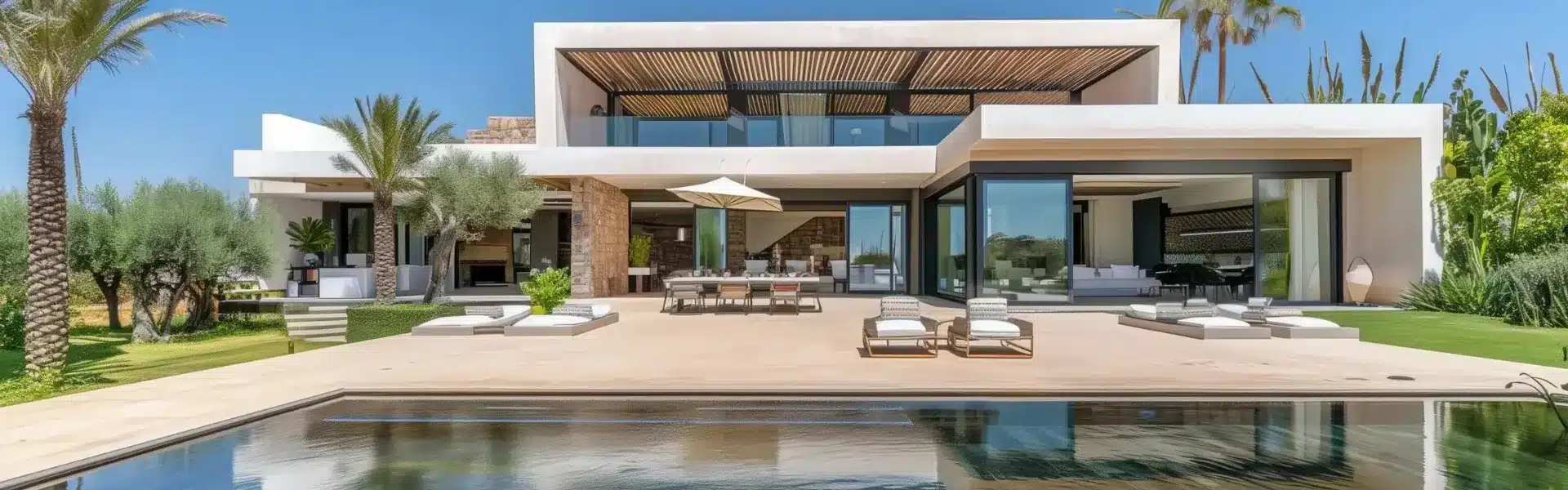 Villa moderne au Maroc, façade frontale, grandes baies vitrées, piscine au premier plan, jardin avec palmiers.