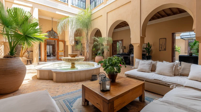 Patio style riad à Hivernage Marrakech avec fontaine, murs tadelakt blancs, zellige coloré et plantes en pots.
