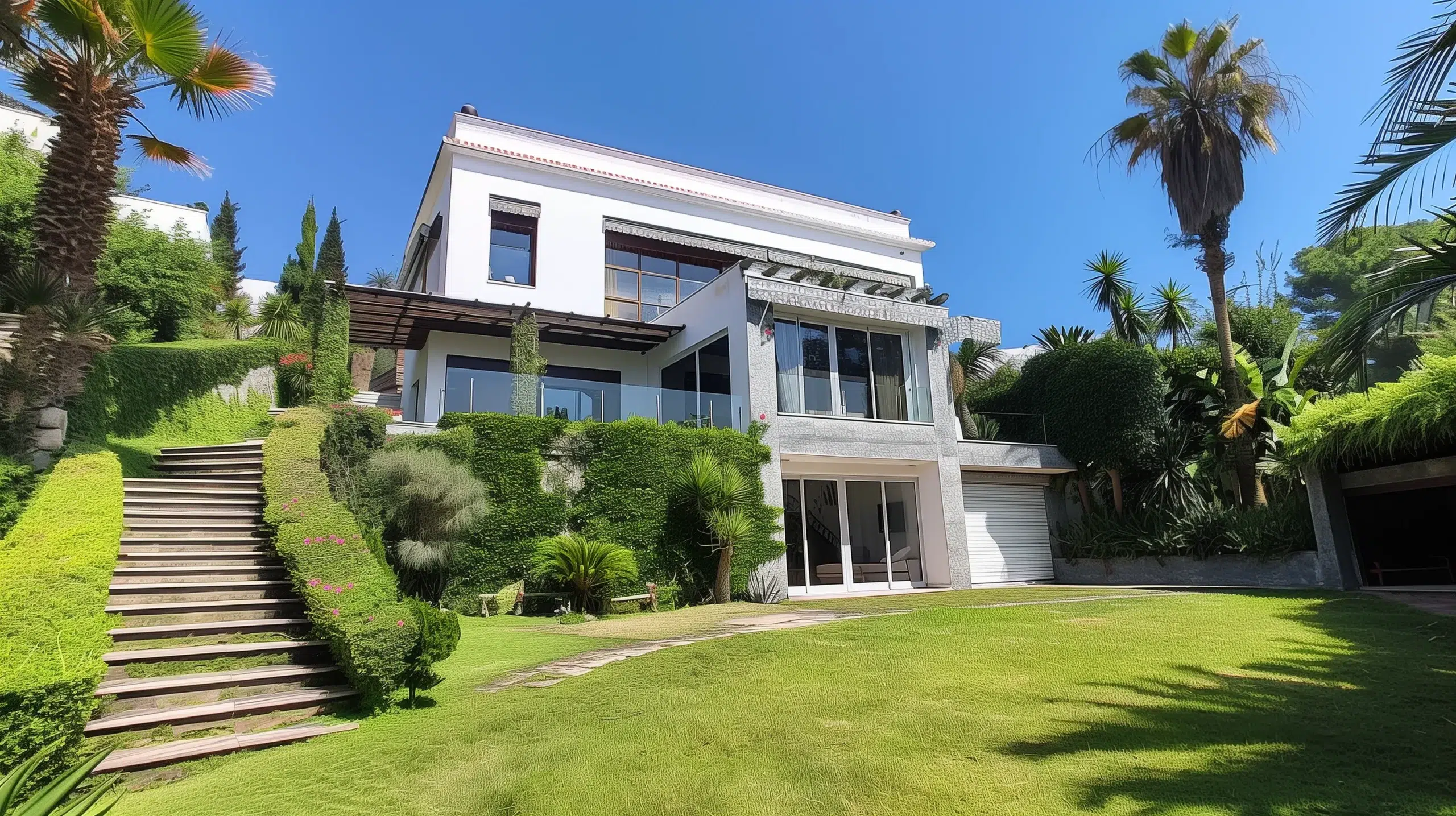 Maison moderne à Californie (Tanger) avec terrasse, grandes baies vitrées, escalier extérieur et jardin arboré.