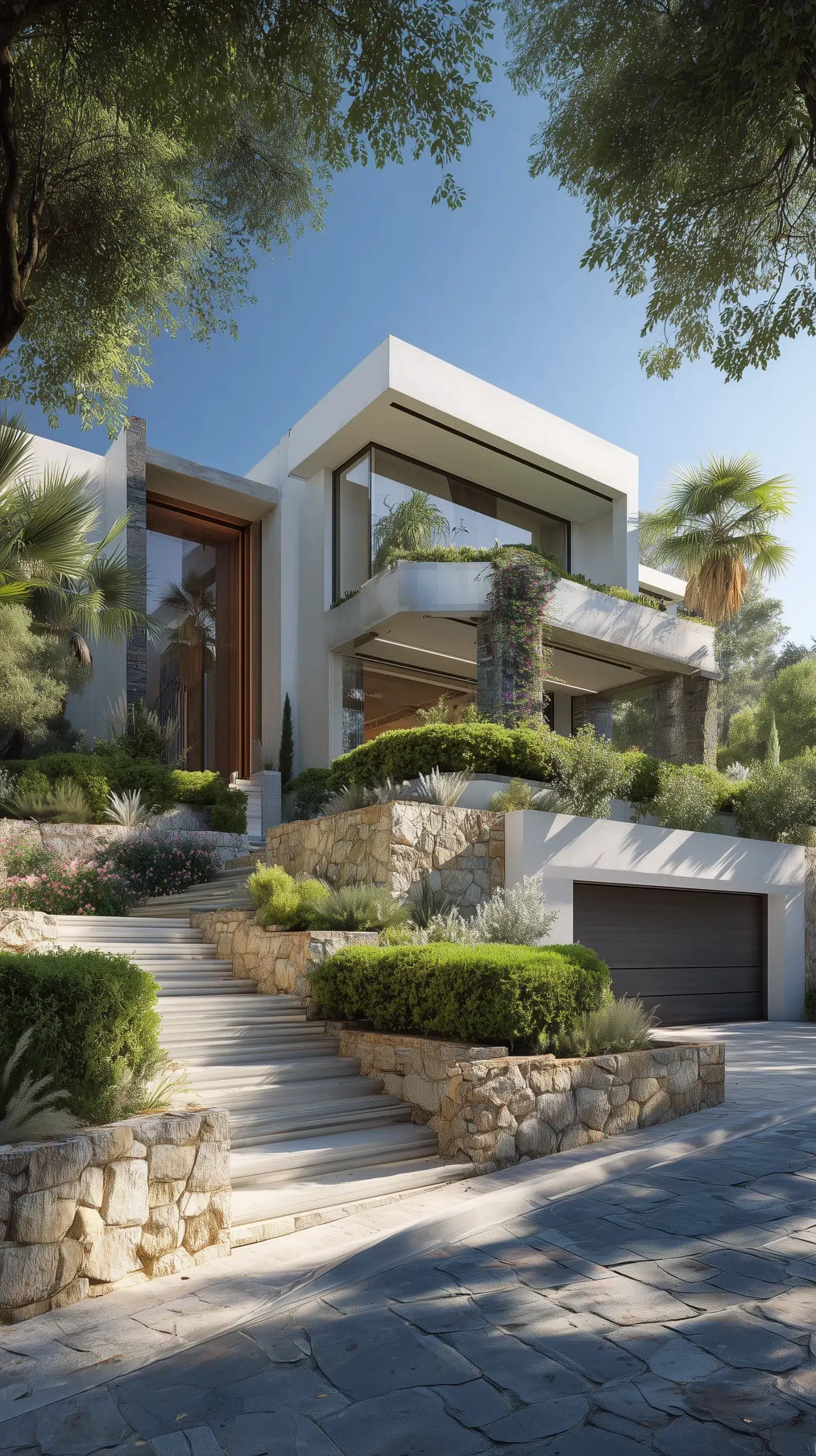 Maison contemporaine blanche sur terrain en pente, jardin méditerranéen, muret en pierre et garage.