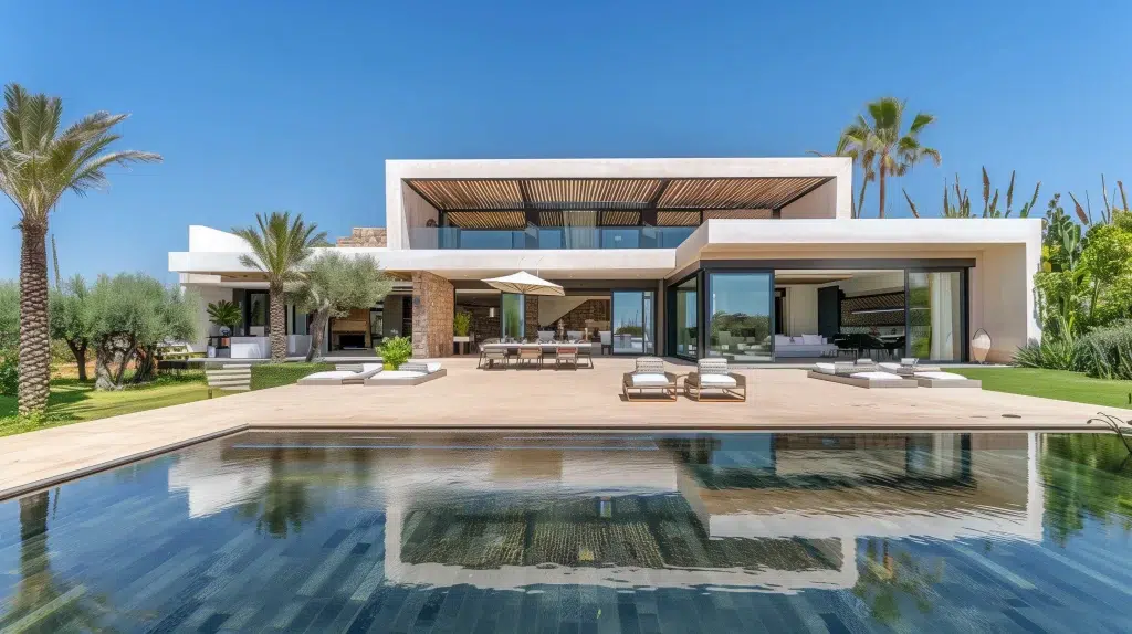 Villa moderne au Maroc, façade frontale, grandes baies vitrées, piscine au premier plan, jardin avec palmiers.