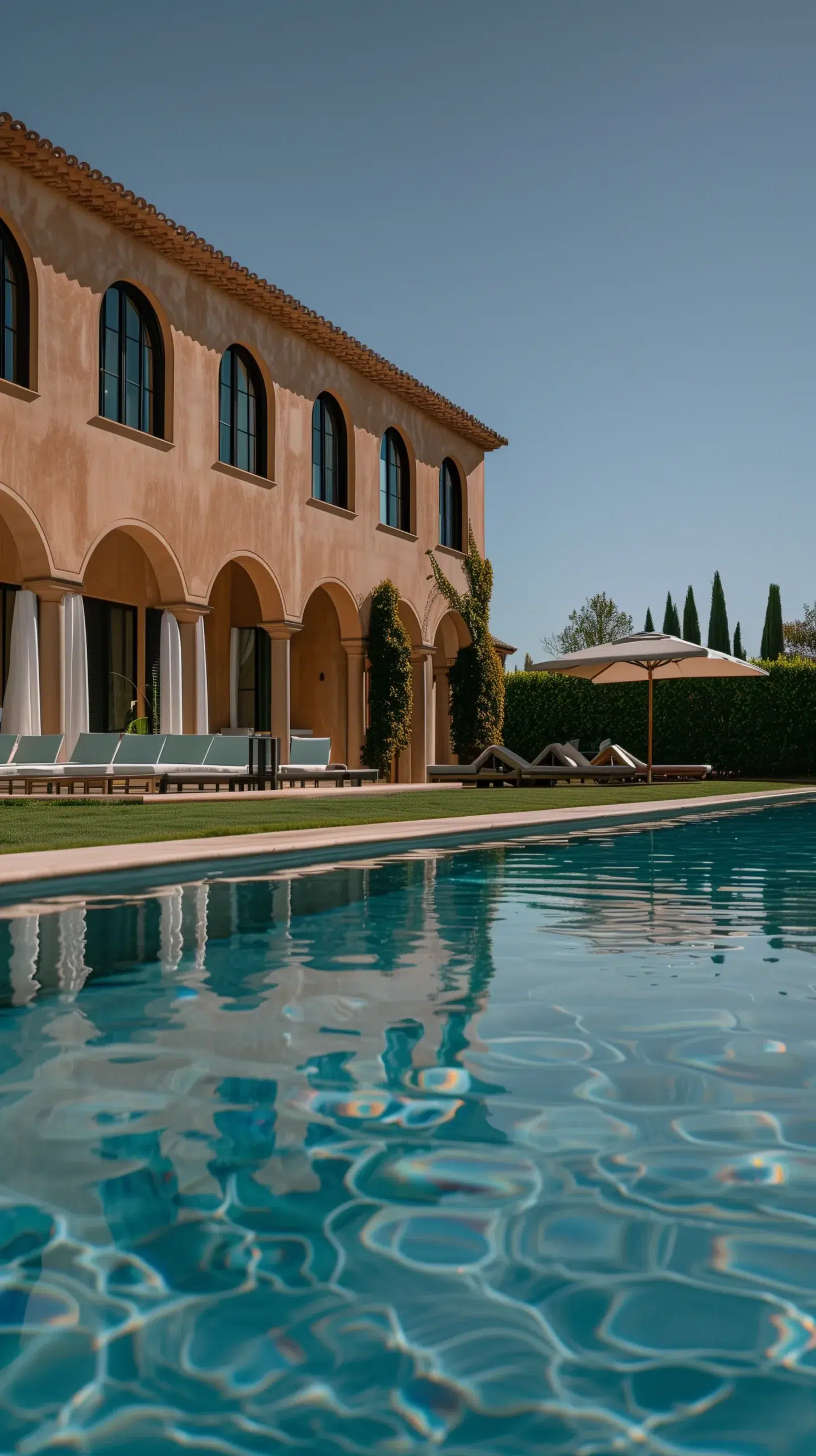 Villa méditerranéenne avec arcades, piscine claire et transats sous un parasol, entourée de verdure et d'arbres.