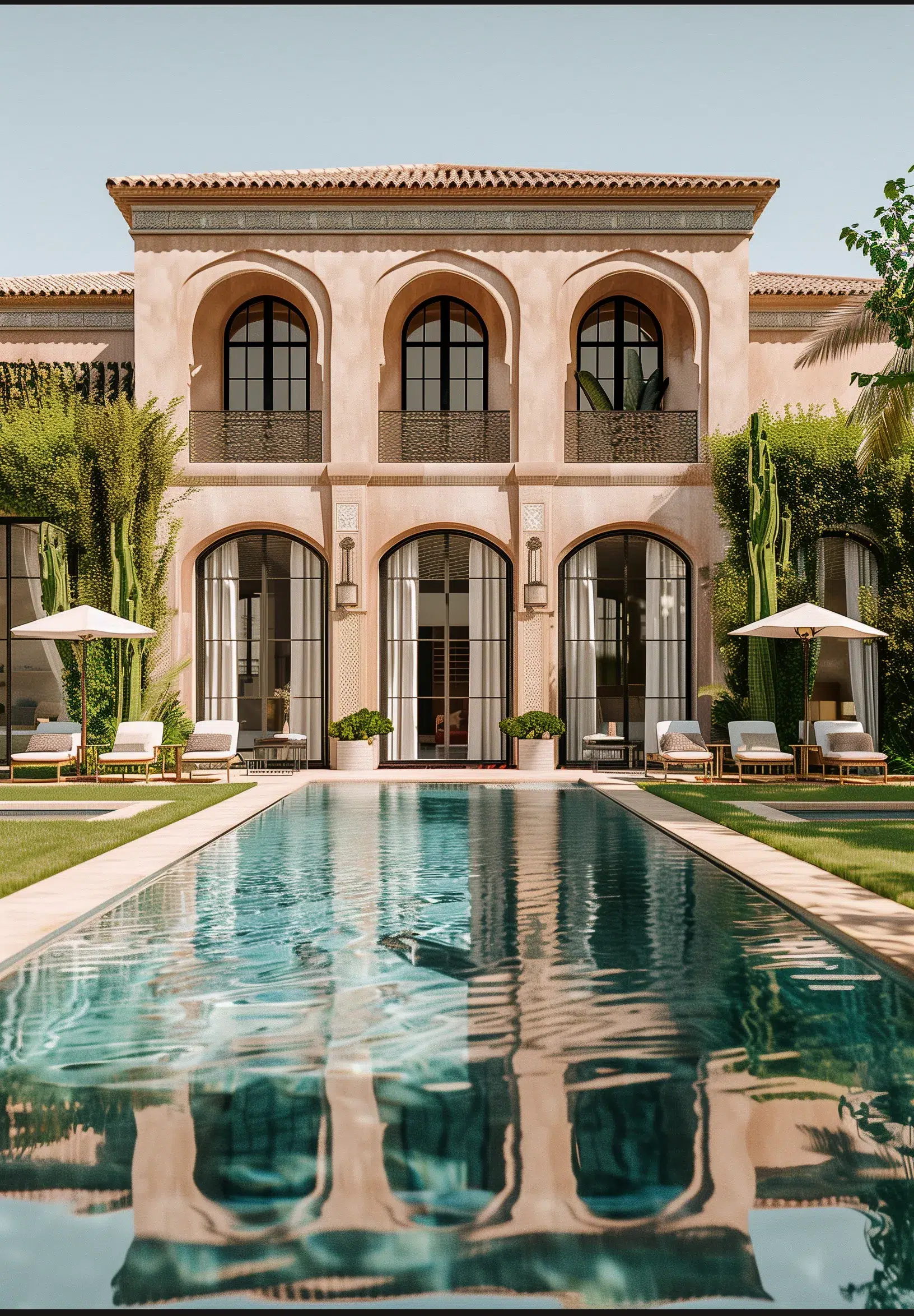 Villa marocaine avec grandes arches, façade ocre et long bassin miroir, transats et jardin paysagé.
