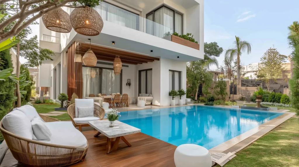 villa moderne de deux étages avec piscine et terrasse en bois à Tanger