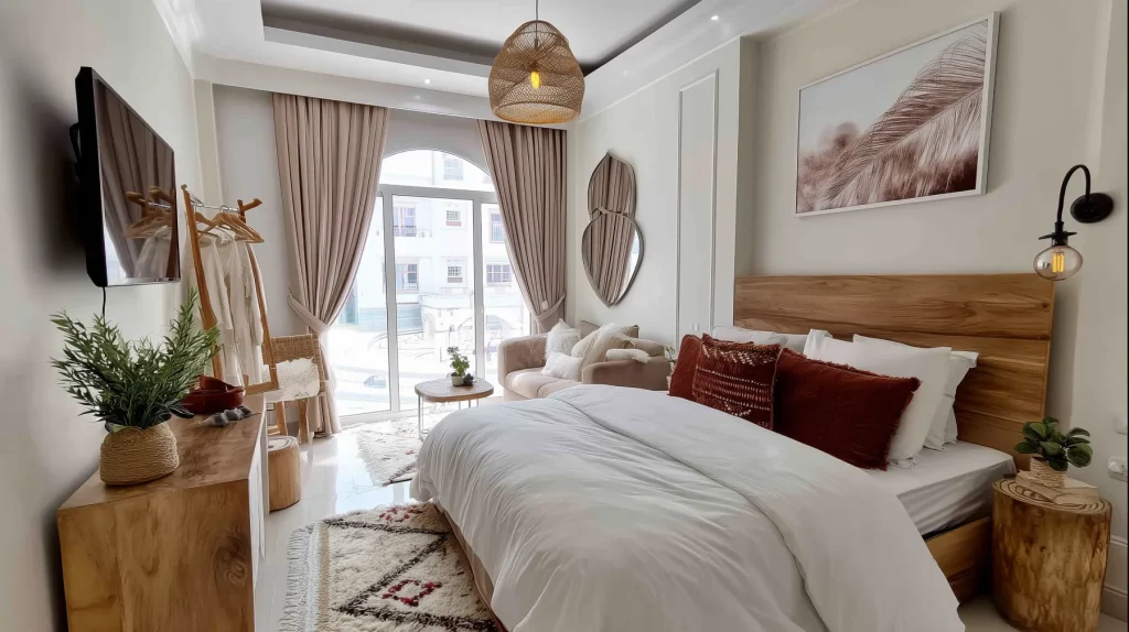 studio à rabat avec grand lit et couette blanche