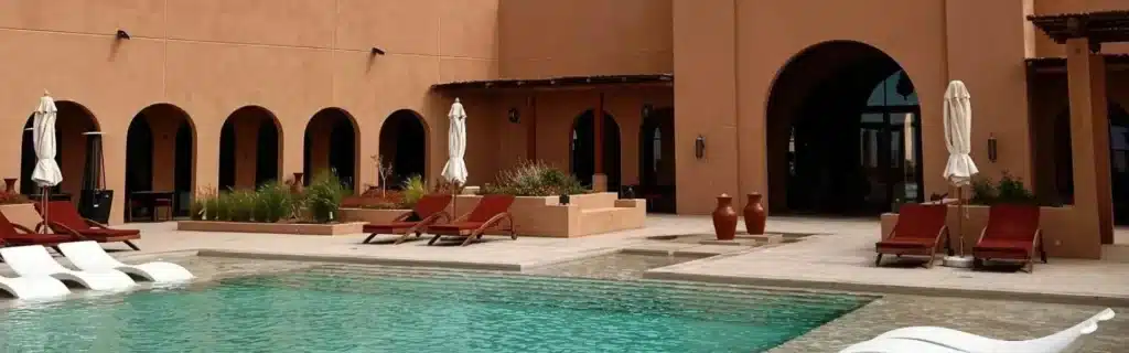 Piscine de villa de luxe à Marrakech, Maroc, avec chaises longues blanches, arches mauresques et murs en terre cuite.