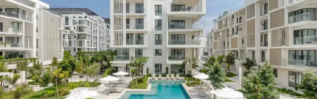 Acheter immobilier Maroc étranger : résidence moderne avec grande piscine, bâtiments blancs et jardins paysagers ensoleillés.
