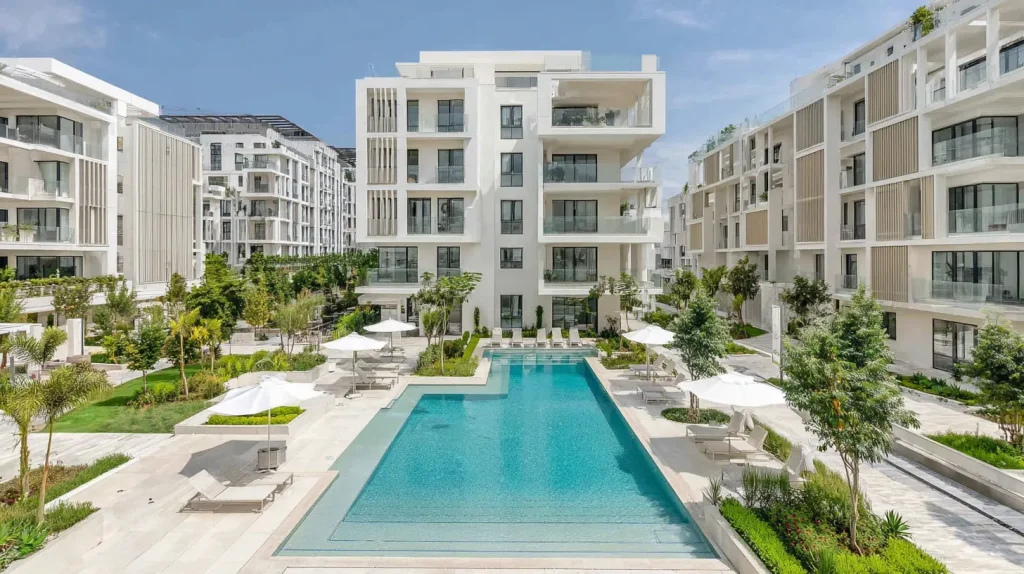 Acheter immobilier Maroc étranger : résidence moderne avec grande piscine, bâtiments blancs et jardins paysagers ensoleillés.