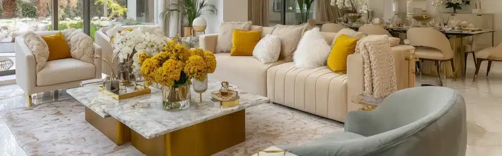 Acheter un appartement à Casablanca : salon luxueux avec canapés crème, table en marbre doré et bouquets de fleurs jaunes.