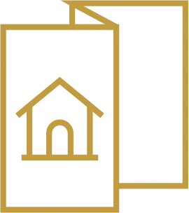 Icône contour doré d'une brochure pliée avec un symbole de maison