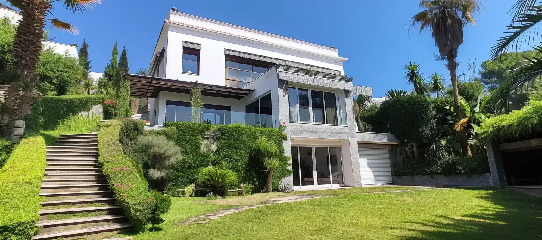 Maison moderne à Californie, Tanger avec terrasse, grandes baies vitrées, escalier extérieur et jardin arboré.