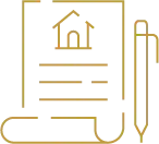 Icône contour doré d'un document de propriété avec une maison et un stylo.