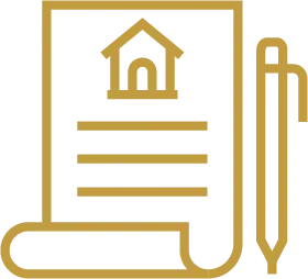 Icône contour doré d'un document de propriété avec une maison et un stylo