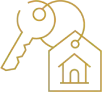 Contour doré d'une maison avec clé.