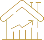 Icône contour doré d'une maison avec un graphique en barres et une flèche vers le haut indiquant la croissance de la valeur immobilière.