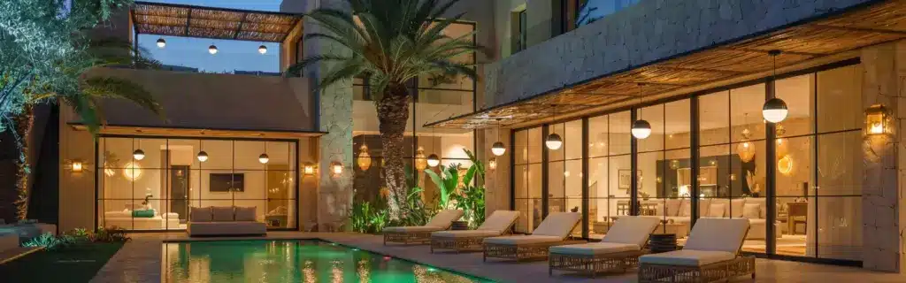 Villa de luxe à Marrakech avec piscine et terrasse éclairée illustrant Marrakech Property Prices 2026