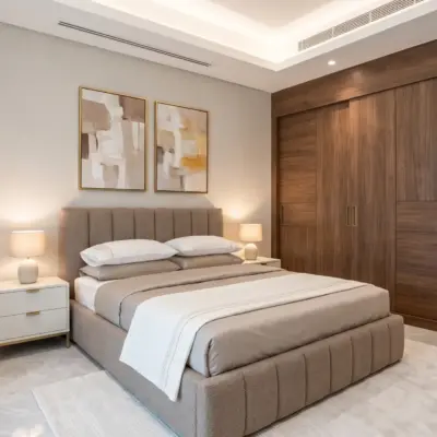 Chambre principale élégante avec lit capitonné et penderie en bois dans un appartement de vacances à Marrakech