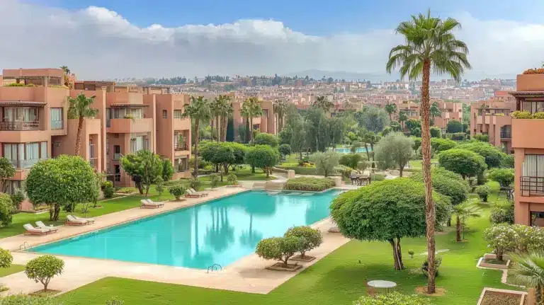 Vue grand angle d'un immeuble résidentiel à Marrakech.