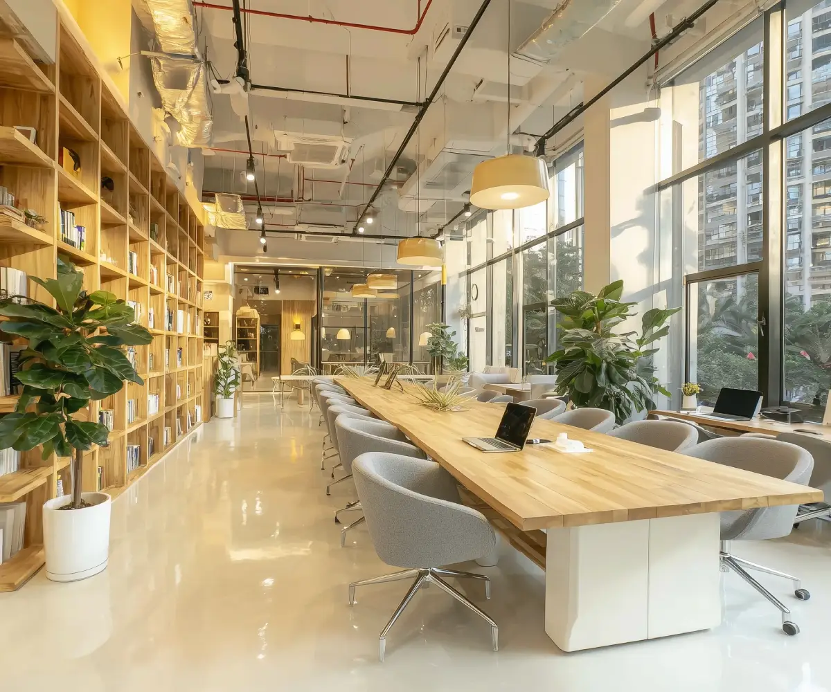 Bureau coworking en open space avec grande table en bois, chaises grises, baies vitrées et bibliothèques murales