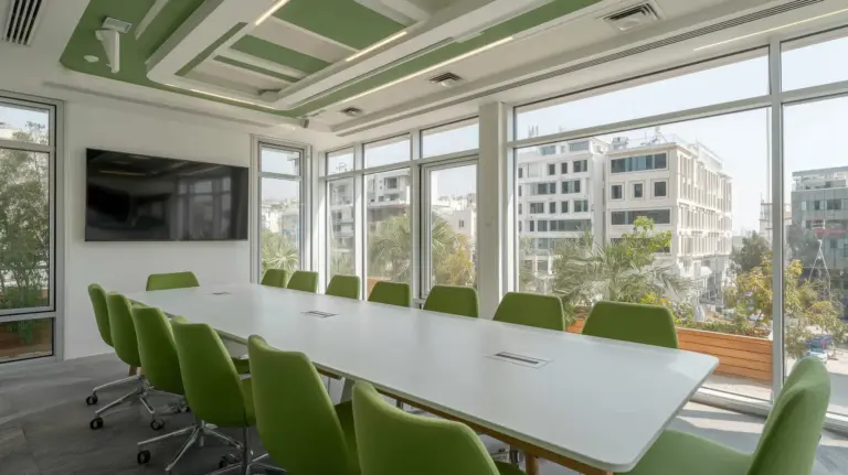 Salle de conférence avec table blanche, chaises vertes et baies vitrées