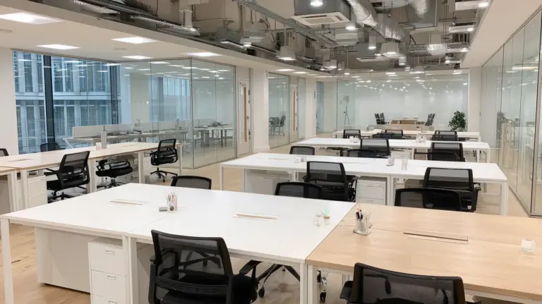 Grand open space avec bureaux blancs, chaises noires et cloisons vitrées