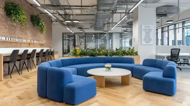Open space moderne avec canapé bleu, mur en brique et plantes intérieures