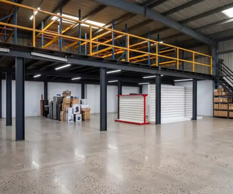 Intérieur d'entrepôt avec mezzanine, garde-corps jaunes, sol en béton poli et cartons de stockage
