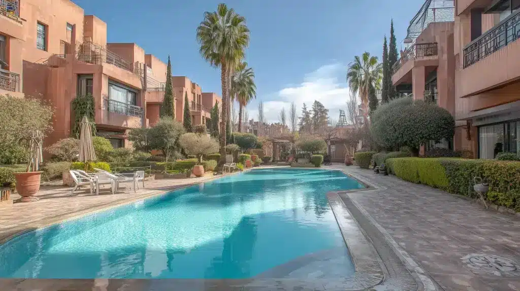 Résidence à Marrakech avec grande piscine, palmiers, cyprès, chaises longues et façades en terre cuite