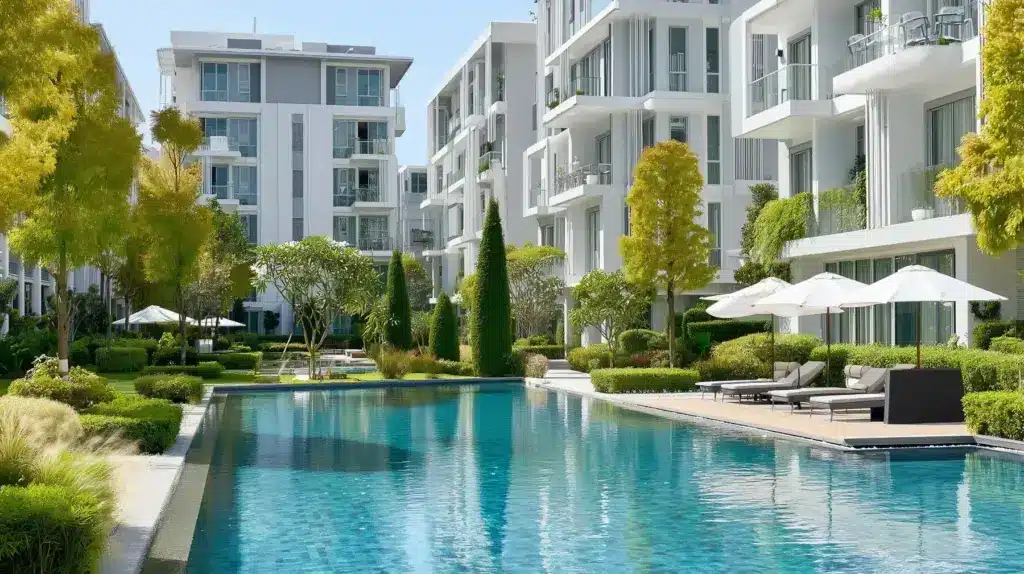 Résidence haut de gamme avec piscine resort, jardins soignés, parasols et immeubles blancs modernes