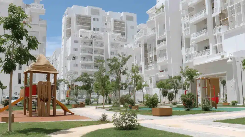 Résidence à Tanger avec immeubles blancs, aire de jeux pour enfants et jardins communs paysagers