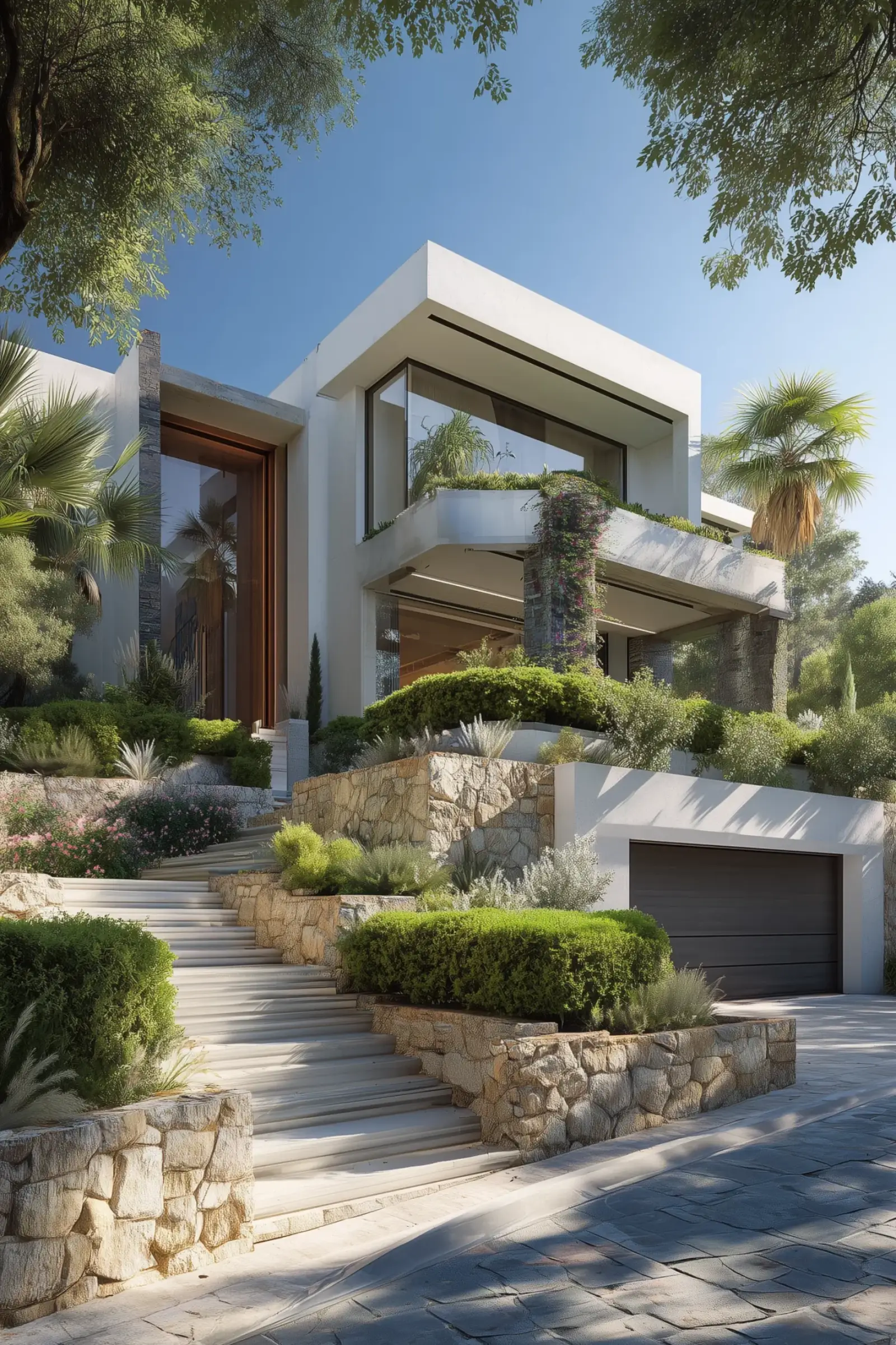 Maison contemporaine blanche sur terrain en pente, jardin méditerranéen, muret en pierre et garage.