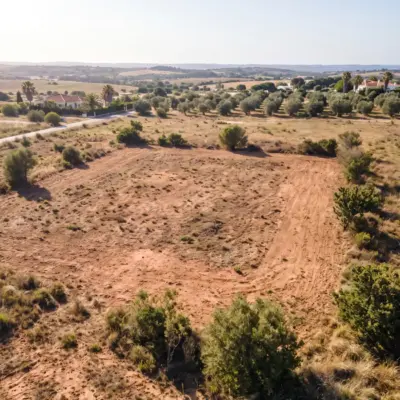 Vue aérienne d'un terrain résidentiel à vendre à Rabat près d'oliviers et de villas