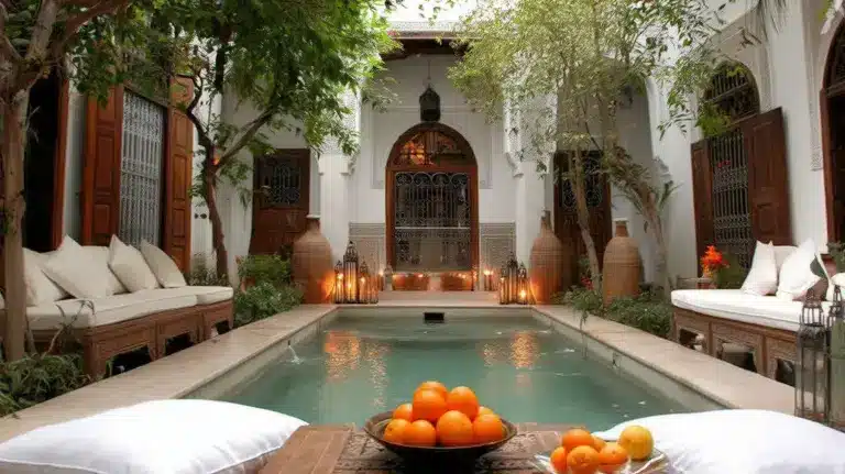 Patio de riad au crépuscule avec piscine, lits de jour blancs, lanternes et portes sculptées