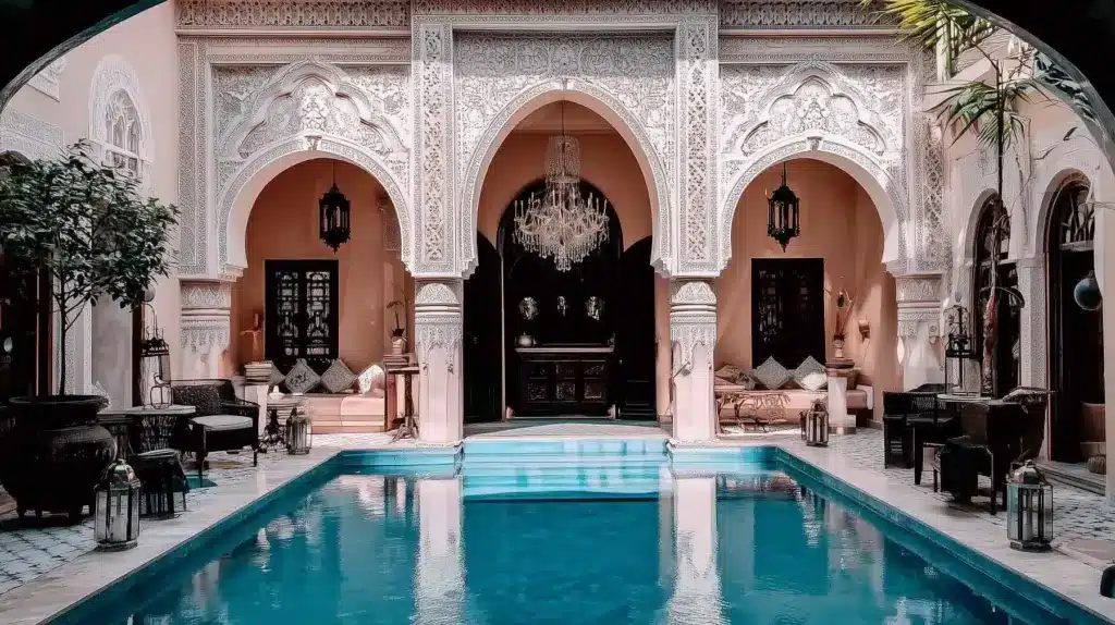 Riad marocain rose pâle avec piscine à Casablanca