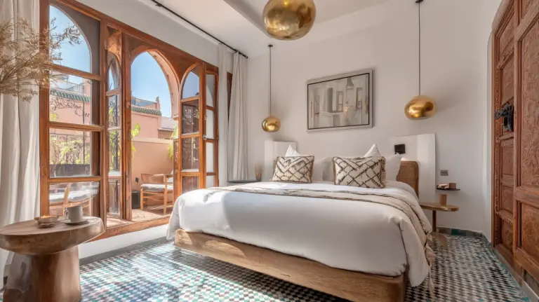 Chambre de riad à Marrakech avec lit double, suspensions dorées et portes arquées sur terrasse