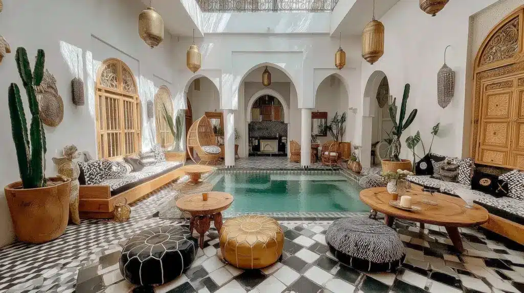 Intérieur de riad lumineux avec piscine de patio, lanternes dorées, chaises rotin et poufs