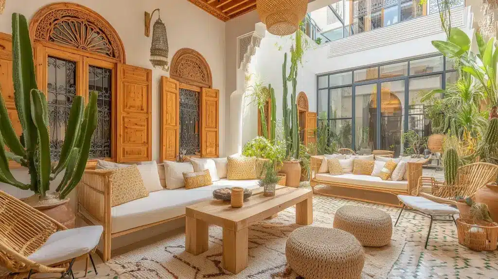 Patio de riad avec canapés blancs, table en bois, fenêtres en cèdre sculpté, cactus et plantes