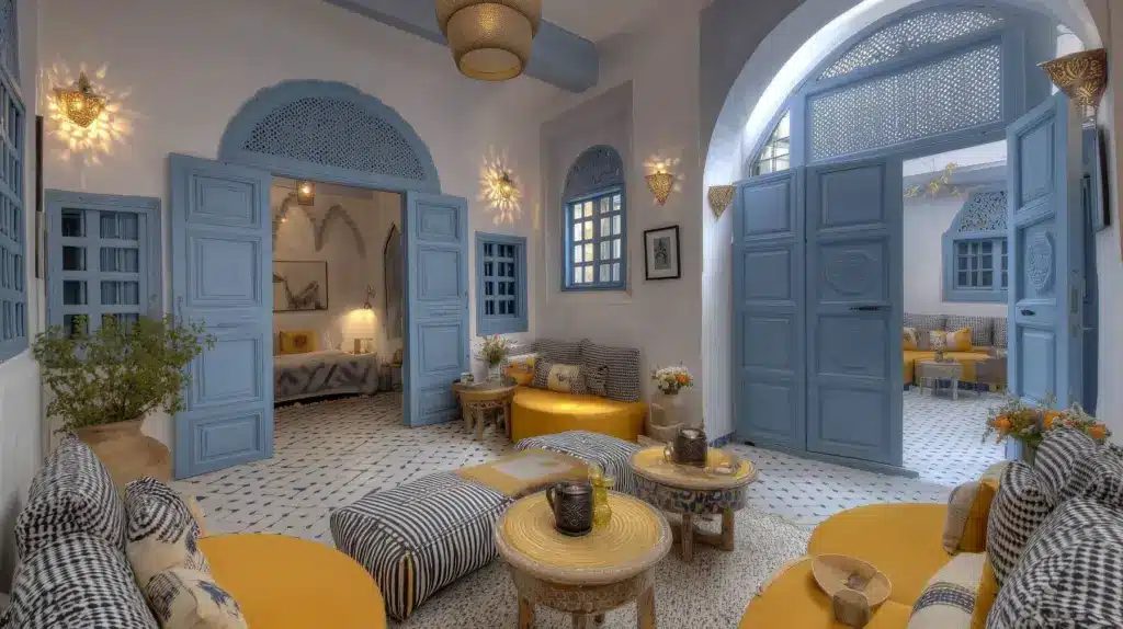 coin salon intérieur et intérieur bleu et blanc d'un riad