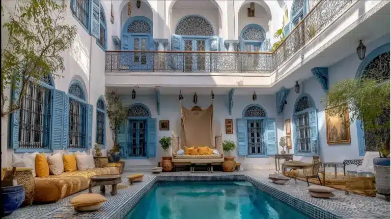 Patio de riad de luxe à Rabat avec piscine centrale, volets bleus, balcon en fer forgé et salons dorés