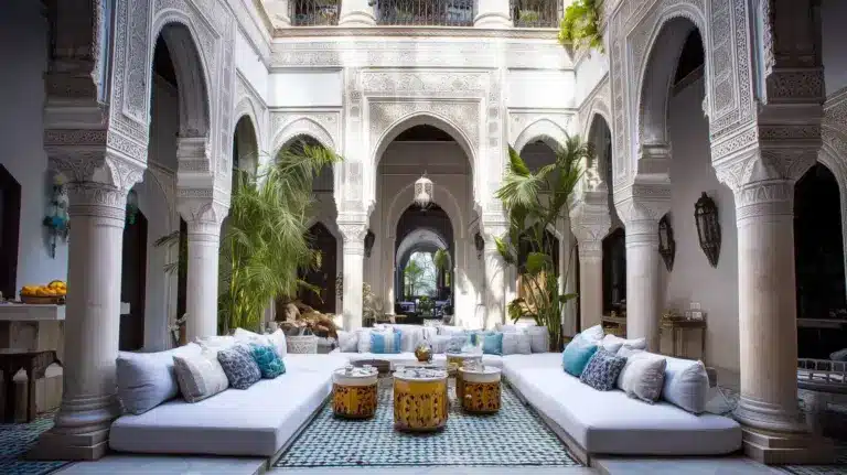 Grand patio de riad avec arches en stuc sculpté, colonnes en marbre, canapés blancs et palmiers