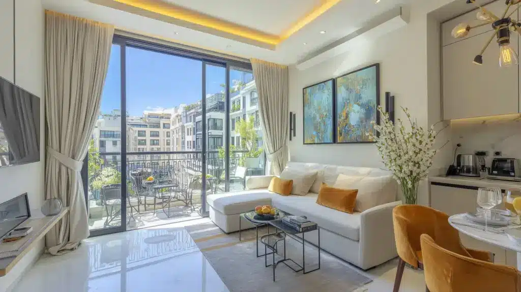 Studio de luxe moderne à Casablanca avec canapé blanc, baies vitrées, vue sur balcon et œuvres d'art contemporaines