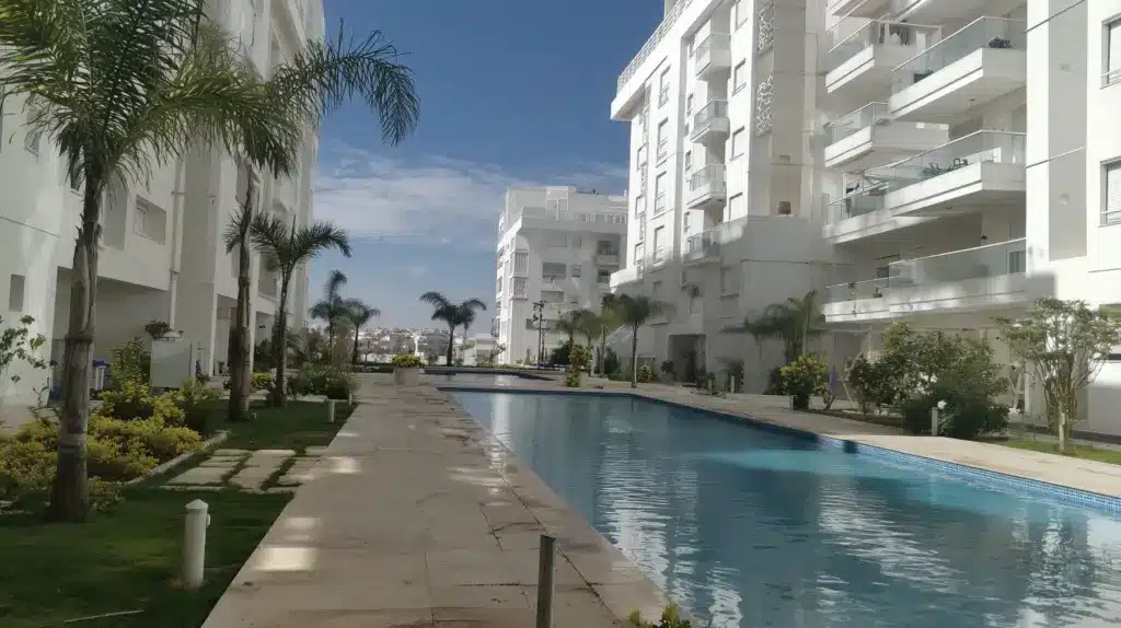 Résidence blanche sécurisée avec piscine extérieure, allée de palmiers, jardins entretenus et vue dégagée