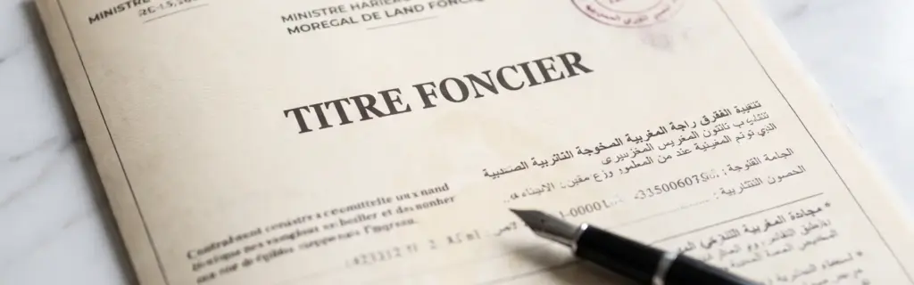 Document titre foncier au Maroc posé sur marbre blanc avec stylo plume