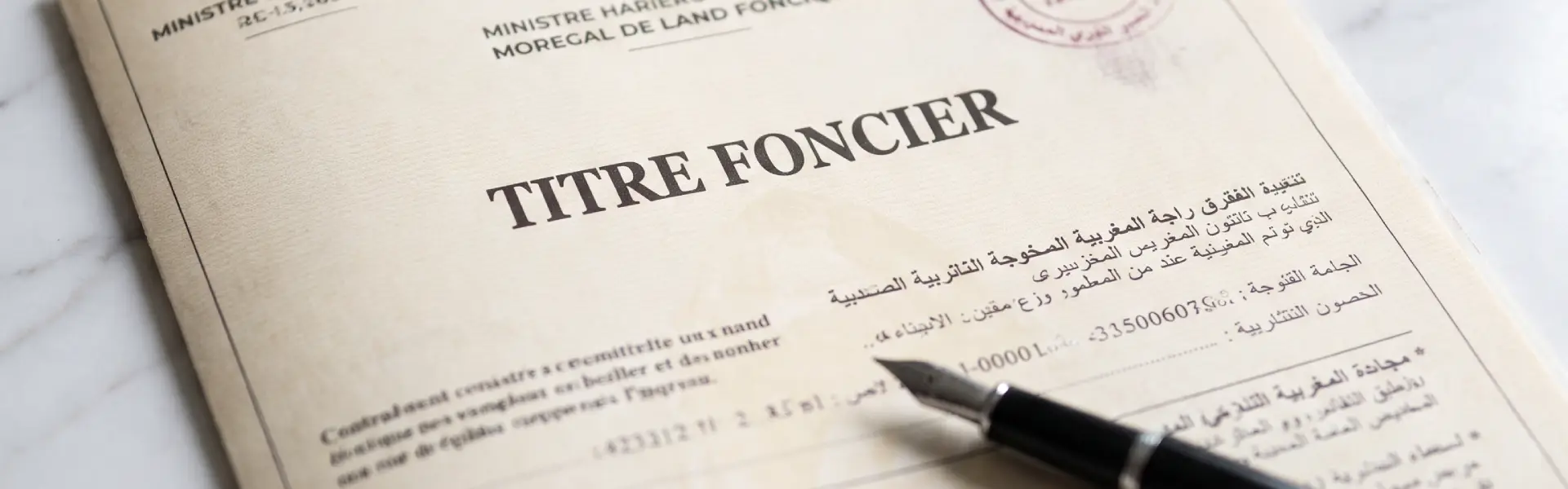 Document titre foncier au Maroc posé sur marbre blanc avec stylo plume